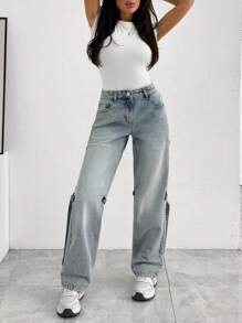 EURMUSE LOW WAIST LEG DETAILED STRAIGHT LEG JEAN - Light Wash - View 3