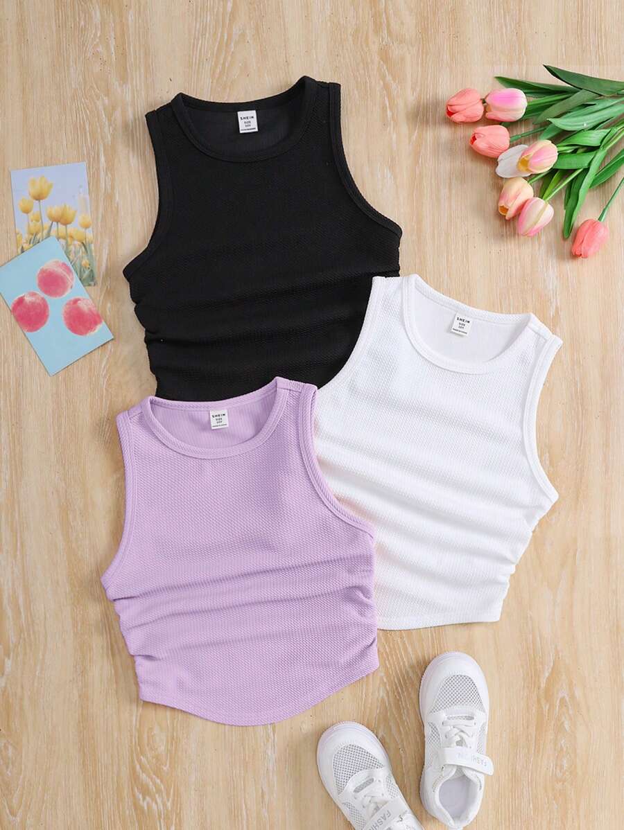 SHEIN 3-Piece Tween Girl Solid Color Snug Fit Casual Cropped Tank Top Set