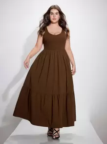 SHEIN MOD Vestido casual largo con estilo de resort vintage color marrón para tallas grandes, vestido de primavera y verano