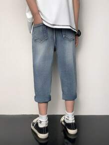 SHEIN 男童时尚休闲蓝色牛仔基本款简约混搭弹力修身牛仔裤，柔软舒适，适合日常穿着和四季穿着。