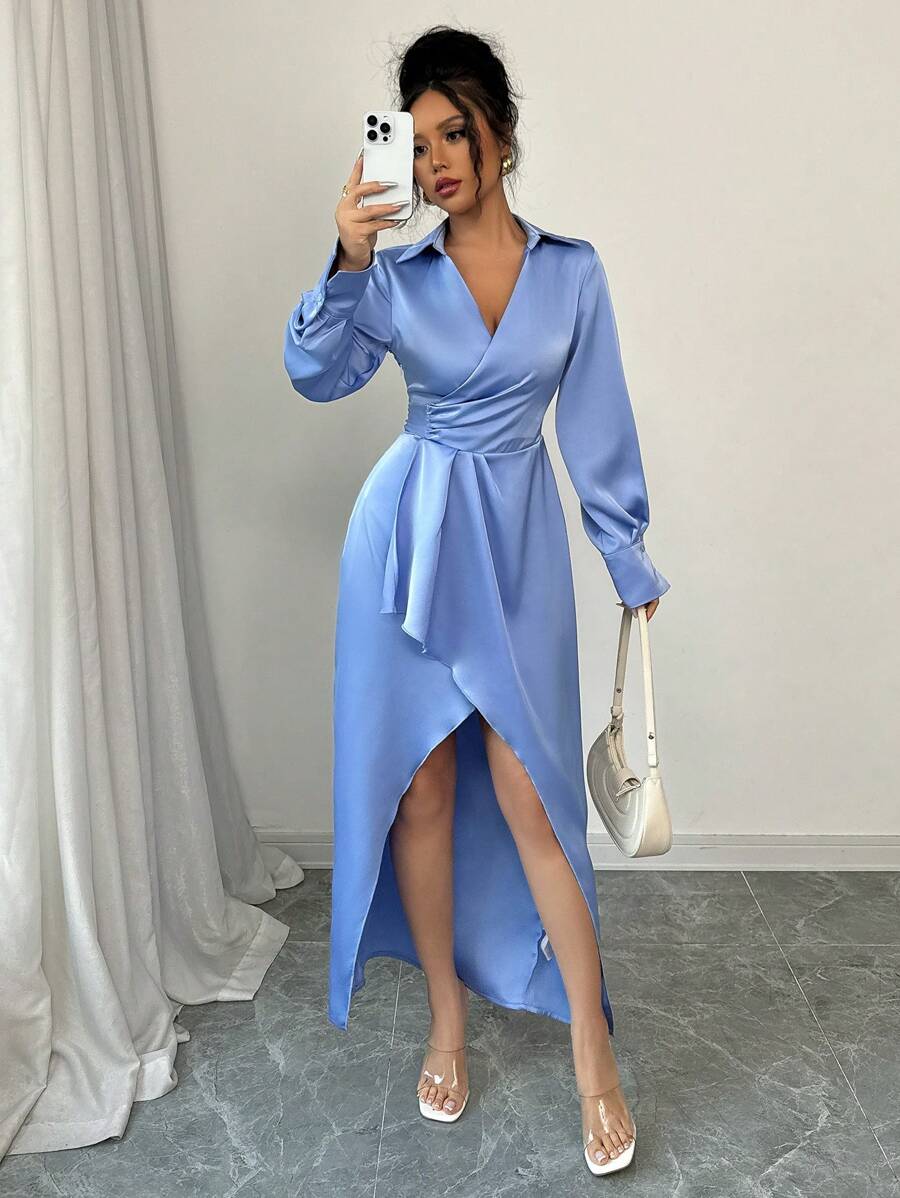 Elenzga 女士优雅通勤休闲舒适假日 V 领不对称腰带纯色缎面设计长裙 - 藍色 - 查看 1