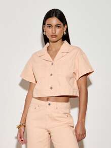 AiiRZ Short Sleeve Boxy Denim Crop Shirt - Yellow - View 1