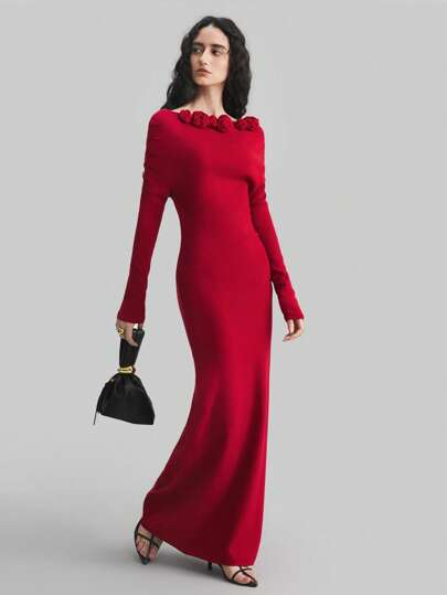 Ontre 波西米亚风格 3D 花卉装饰长款针织连衣裙，浪漫 3D 花卉装饰，鲜红色，紧身，露肩，春季女士连衣裙