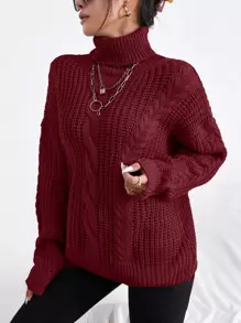 RueChic Turtleneck Cable Knit Drop Shoulder Sweater - Burgundy - View 4