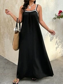 SHEIN Clasi 大码女式时尚度假风格长款吊带连衣裙 - 黑色 - 查看 2
