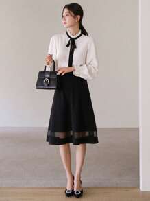 DAZY 女士纯色拼接网眼多层半身裙 夏季 - 黑色 - 查看 4