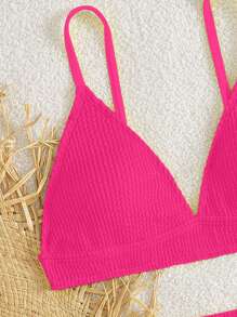 Ensemble de bikini texturé de couleur unie pour jeunes filles, vacances à la plage - Rouge - Voir 3