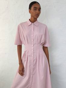 Aveloria Modichic Vintage Red & White Striped Long Dress With Loose Sleeves, Waist Ruched Pleats, Turndown Collar, Dress For Women
