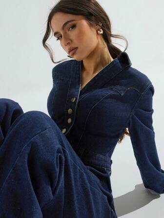 Athîral 深色牛仔连体裤 西部牛仔风格 女式度假服装