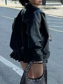 Women Plus Size Black Biker Girl Style Loose Long Sleeve Jacket, Autumn/Winter Fall Cloth For Women - Black - View 2