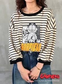 Garfield X FRIFUL Women Striped Letter Print Short Sleeve T-Shirt, Summer Casual Wear Top Cute Tops Oversized T-Shirt,Graphic Tees Long Sleeve - Khaki - View 4