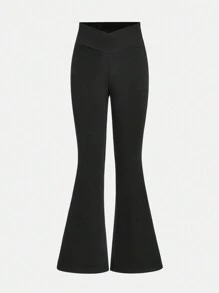 SHEIN Leap Crew Tween 女童修身休闲简约舒适交叉腰喇叭裤，百搭秋冬季