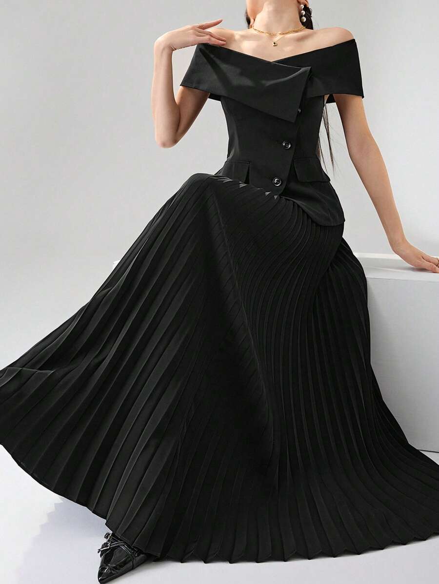 Modelyn Elegant Shoulder Strap Top And Pleated Midi Skirt Women's 2 Pieces Suit, Business Professional Outfit - Black - View 1