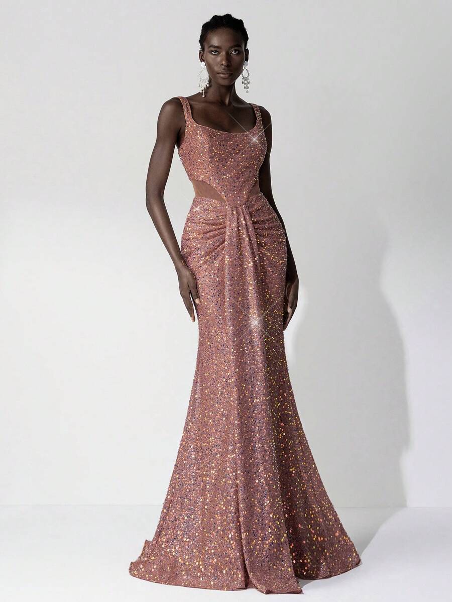 Elitara 优雅迷人的弹力亮片褶饰美人鱼裙，婚礼宾客礼服，适合婚礼、派对、节日、舞会、正式场合、派对礼服、晚礼服