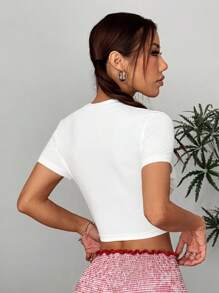 Flirla Camiseta ajustada de mujer de manga corta con cuello redondo y estampado de cerezas, de mezcla de algodón