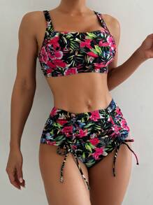 Swim Lushoire Popular Tropical Floral Print Criss-Cross Front Wrinkled Enhancing Bust Tankini Set With Drawstring Waist, Slimming Mature Tropical Beach Summer Vacation Style For Women - Multicolor - View 7