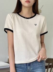 DAZY 休闲简约撞色边饰圆领短袖 T 恤 - 杏色 - 查看 4