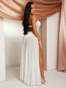 SHEIN SXY 春夏情人节服装优雅婚礼宾客老钱波西米亚风度假白色高弹针织网眼透视高开叉束腰款式吊带长款修身秋千连衣裙