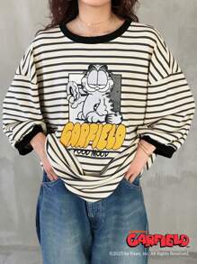 Garfield X FRIFUL Women Striped Letter Print Short Sleeve T-Shirt, Summer Casual Wear Top Cute Tops Oversized T-Shirt,Graphic Tees Long Sleeve - Khaki - View 1