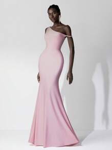 SHEIN Belle 不对称领口美人鱼下摆优雅粉色伴娘礼服 - 粉色 - 查看 6