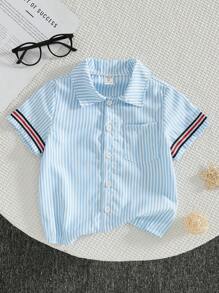 Young Boy Short Sleeve Preppy Striped Relaxed Casual Shirt, Summer - Blue - View 3