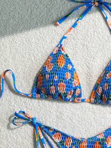 SHEIN Swim Women Floral And Fruit Print Halter Neck Tie Side Bikini Swimwear Set, Fashionable Summer Beach Vacation Beachwear - Multicolor - View 4