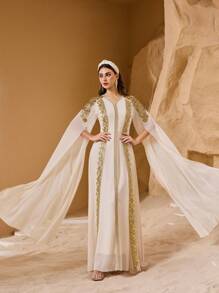 Al Najma 奢华刺绣蕾丝细节优雅长袖连衣裙，修身剪裁，高端定制