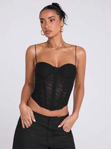 SHEIN BAE 春夏音乐节假期日常出游洋气黑色条纹蕾丝束身衣外出上衣、演唱会服装 - 黑色 - 查看 5