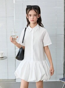 SHEIN Leap Crew 青少年女孩宽松短袖荷叶边下摆休闲衬衫裙 - 白色 - 查看 3