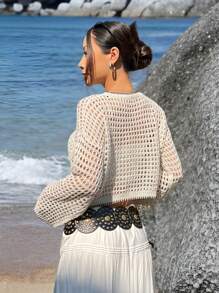 SHEIN EZwear Maglione a maniche lunghe lavorato a maglia da donna per spiaggia, casual e alla moda, adatto per uso quotidiano - Albicocca - Visualizzare 2