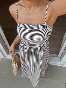 SHEIN Unity Women Casual Striped Spaghetti Strap Long Dress - Black - View 3