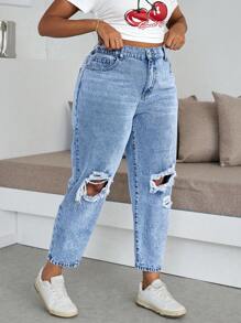 Dripcurv Plus Size Loose Fit Ripped Tapered 7/8 Length Jeans, Blue,Plus Size Tapered 7/8 Length Relaxed Fit Jeans Women High Waist Plicated Detail Roll Hem Pants S Casual Commuter Pants,Women's Plus Size Blue Jeans Elastic Waistband Overalls Summer Jeans Casual Street Wear, Summer / Summer Outfits / Summer Clothes