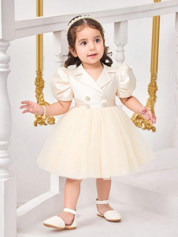 Baby Girl Satin Apricot Short Sleeve Dress & Mesh Overlay Skirt Set, Summer