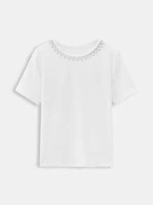 Maija Spring And Summer New Style White Metal Decorated Women's T-Shirt Tops, Urban, Modern And Elegant, Daily Casual Commuting, Suitable For Vacations, Holiday Parties, Weddings And Dates.