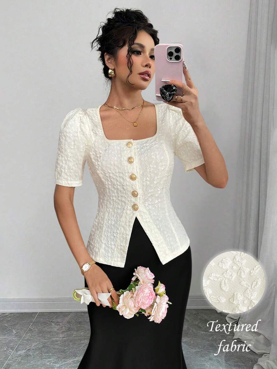 Calvaya Blusa casual de mujer con cuello cuadrado, mangas abullonadas, cintura ceñida y abertura en el bajo para primavera/verano