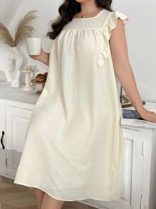 SHEIN Đầm suông rộng rãi màu trơn viền bèo cỡ lớn thường ngày - Màu be - Xem 3