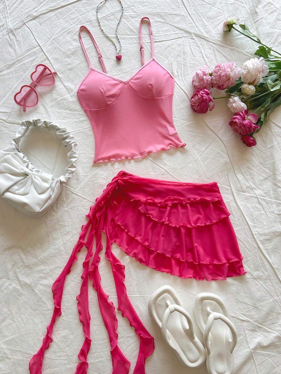 Soleia 女士浪漫假期吊带背心和荷叶边迷你裙套装 - 粉色 - 查看 1