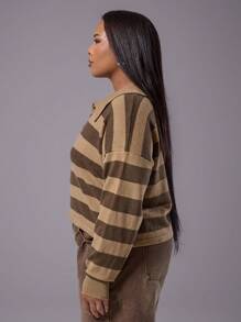 MUSERA Plus Cropped Knitted Striped Collared Long Sleeve Top For Everyday, Casual, Break, Classy - Multicolor - View 2