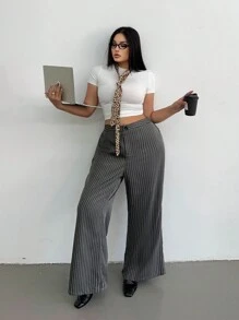 Flirla Damen Große Größen vertikale gestreifte Hose mit Taillenbund und Glockenform, elegante graue Vintage-Hose mit Passform