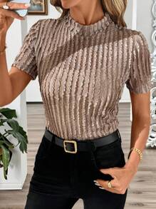 SHEIN Clasi Elegant Women's Khaki Short Sleeved Texture Perspective Mock Neck Slim Knit Tee