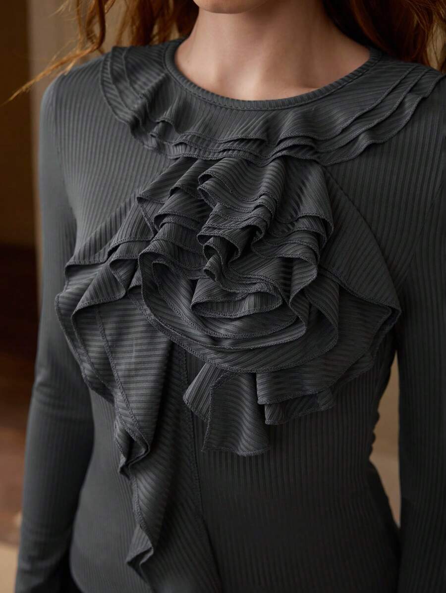 MOTF RUFFLE DETAIL SLIM T-SHIRT - Grey - View 1