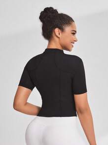 Easithlete 女款運動立領短袖夾克,修身版型,性感迷人,適用於跑步、健身、戶外活動 - 黑色 - 查看 2