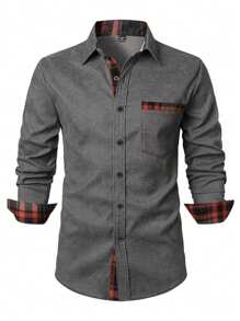 Manfinity Homme Camisa de manga larga a cuadros con parches y bolsillo para hombre, otoñal