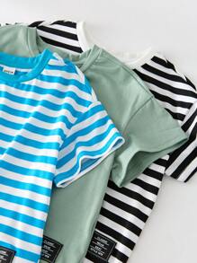 SHEIN 3 Packs Young Boys Buy Two Get One Free Boys' Leisure College Japanese And Korean Street Fashion Versatile Breathable Comfortable Striped Net Color Short Sleeved T-Shirt Multi Piece Set