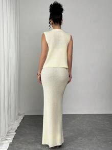 SHEIN Privé 女士春季优雅浪漫时尚通勤性感杏色羊毛背心 + 裙子两件套适合派对、度假、返校、浪漫约会和生日、婚礼季、毕业季、情人节、复活节 - 白色 - 查看 4