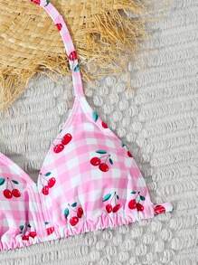 Tween Girl Summer Boho Gingham And Cherry Print Bikini Swimsuit - Multicolor - View 3