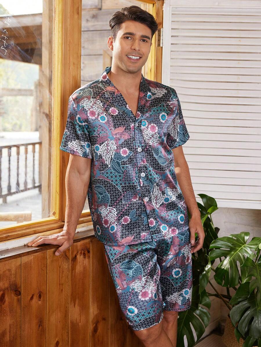 Manfinity ChillVibe Men's All-Over Print Short Sleeve Shorts Pajama Set - Multicolor - View 1
