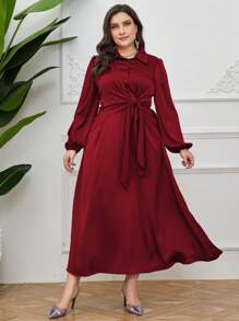 Modelyn Women's Plus Size Lantern Sleeve Layered Dress With Tie Bow, Elegant Satin Party Dress - Multicolor - View 3