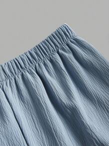 SHEIN Leap Crew Tween Girls 蓝白拼接衬衫，带荷叶边饰边，喇叭裤 2 件套，优雅通勤复古休闲装