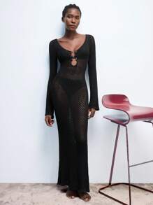 Maija Valentine's Day Ladies Spring And Summer New Style Black Crocheted Hollow Sexy Waist Tight Metal Buckle Elegant Modern Urban Daily Casual Long Dress Suitable For Going Out Festival Party Date Outfit Party Wedding Music Festival 90s Women's Clothing Bohemian Old Money - Black - View 1